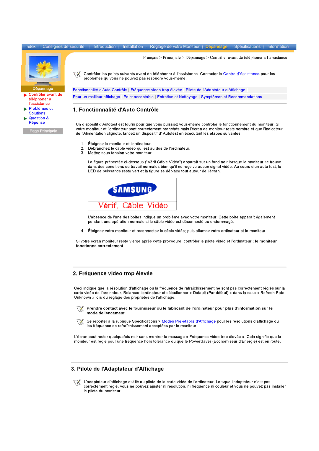Samsung RB17ASSS manual Fonctionnalité dAuto Contrôle, Fréquence video trop élevée, Pilote de lAdaptateur dAffichage 