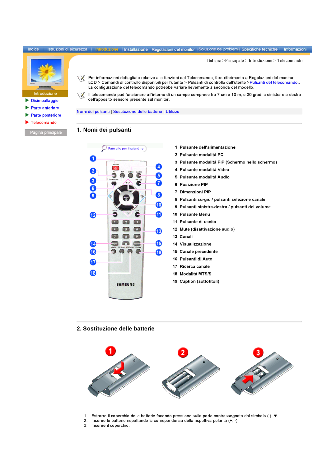 Samsung RB17ASSST/XEF manual Nomi dei pulsanti, Sostituzione delle batterie, Italiano Principale Introduzione Telecomando 