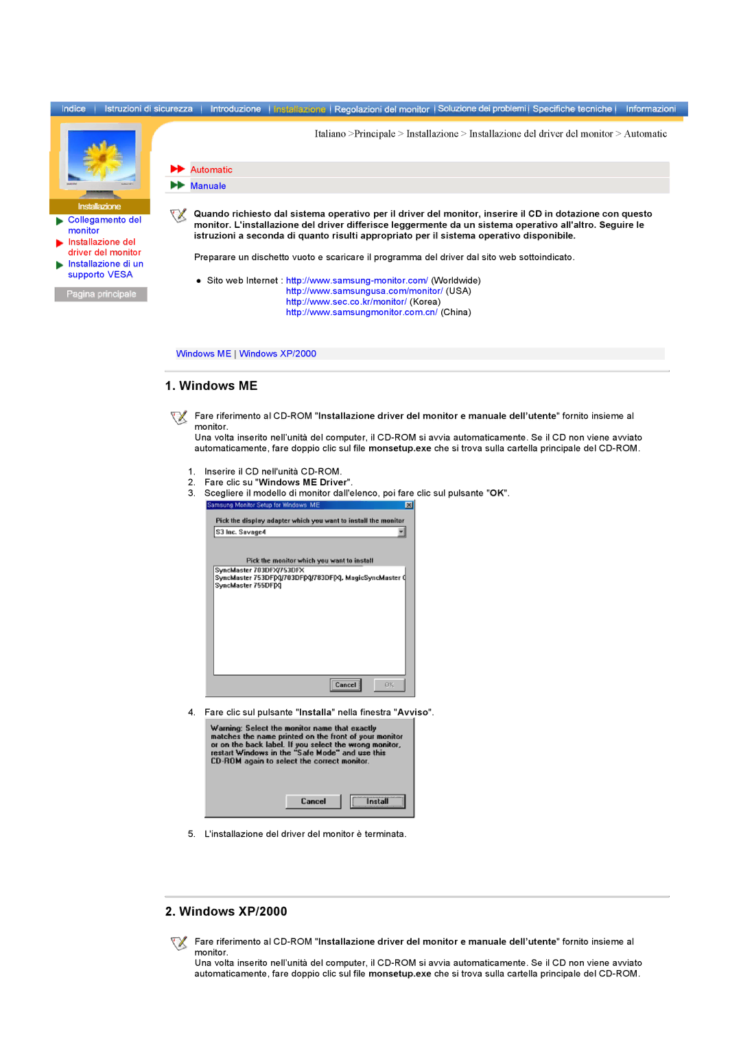 Samsung RB15ASSST/EDC, RB17ASSS/EDC, RB15ASSS/EDC manual Windows XP/2000, Automatic, Fare clic su Windows ME Driver 