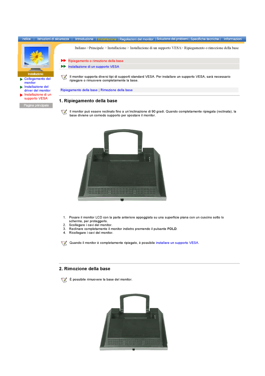 Samsung RB15ASSS/EDC, RB17ASSS/EDC manual Ripiegamento della base, Rimozione della base, Ripiegamento o rimozione della base 