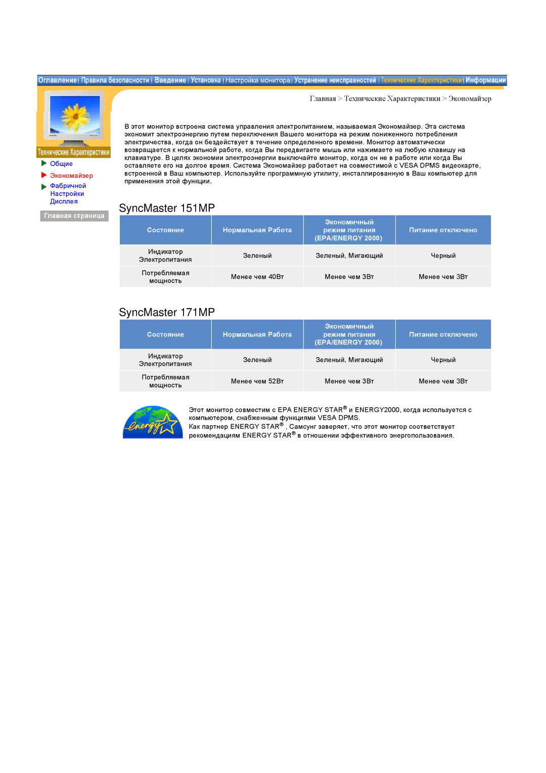 Samsung RB17ASSST/XEF, RB17ASSS/EDC, RB15ASSS/EDC manual SyncMaster 151MP, Главная Технические Характеристики Экономайзер 