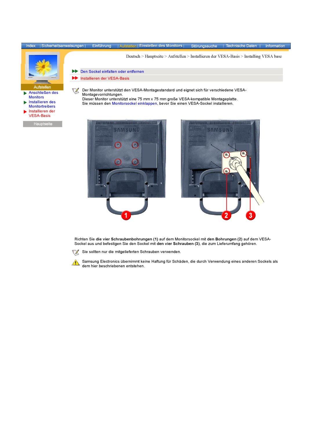 Samsung RB17ASSS/EDC, RB15ASSS/EDC, RB15ASSST/EDC, RB17ASSST/EDC manual Installieren der VESA-Basis 