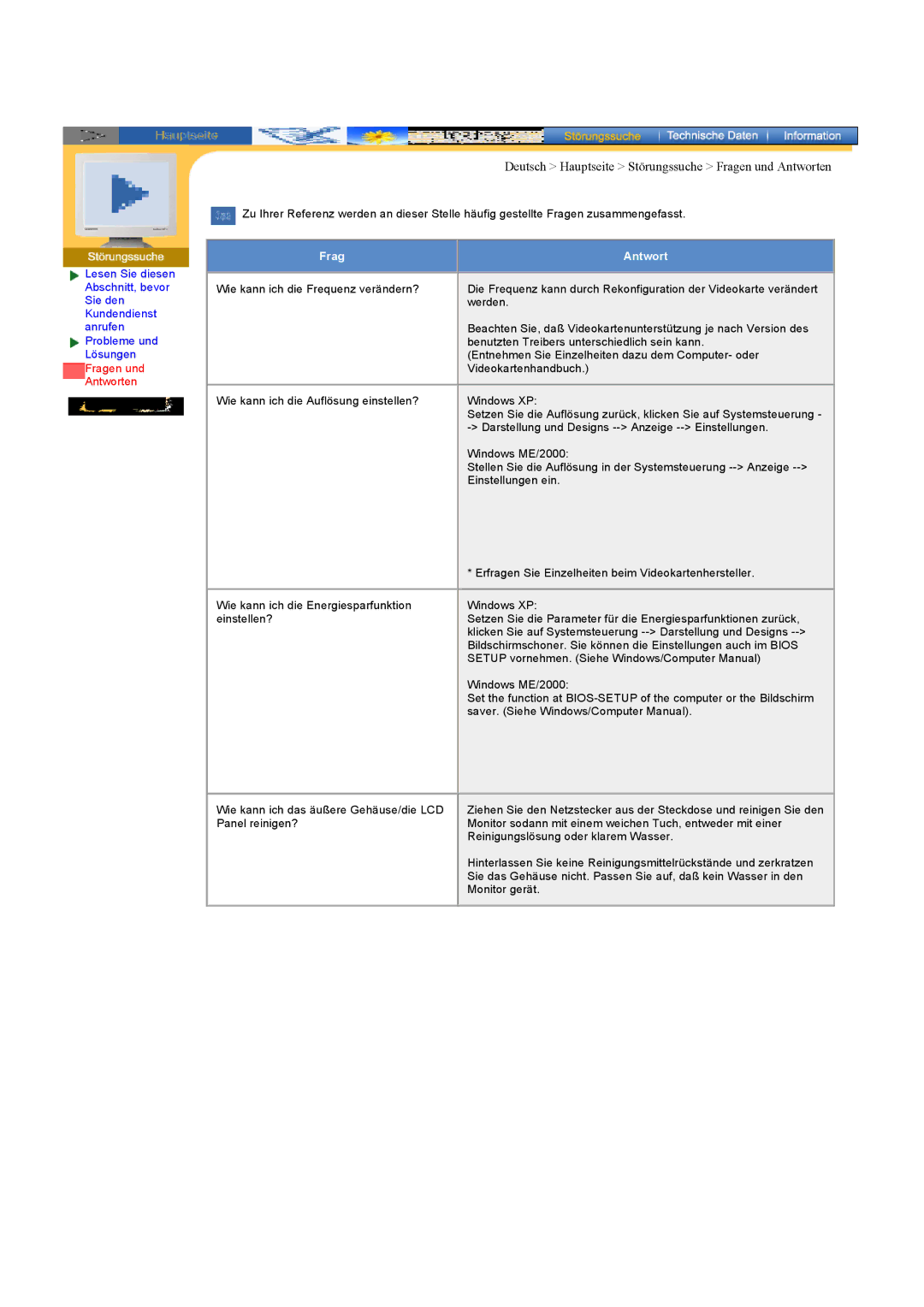 Samsung RB15ASSS/EDC, RB17ASSS/EDC, RB15ASSST/EDC manual Deutsch Hauptseite Störungssuche Fragen und Antworten, Frag Antwort 