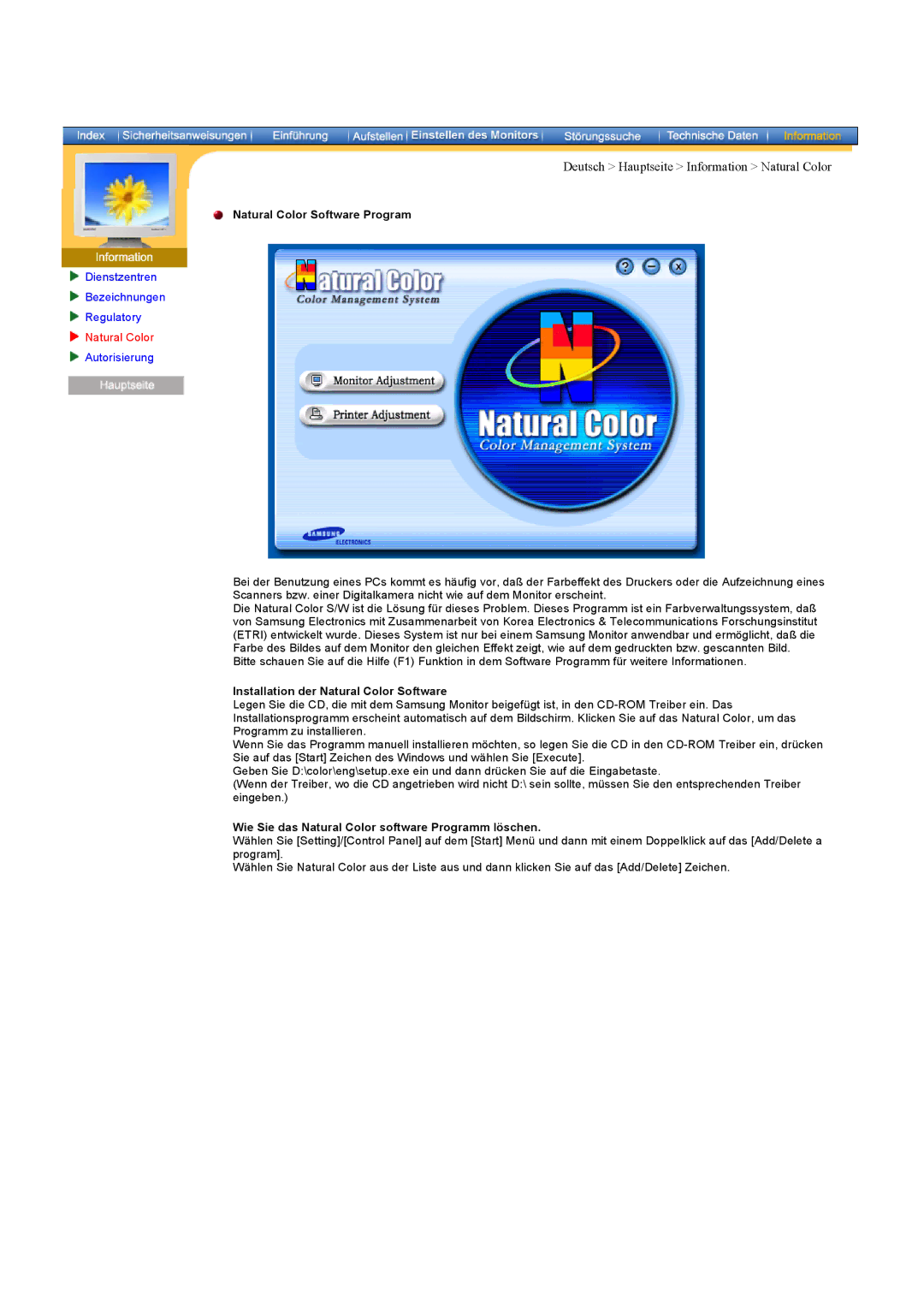 Samsung RB15ASSST/EDC, RB17ASSS/EDC manual Deutsch Hauptseite Information Natural Color, Natural Color Software Program 