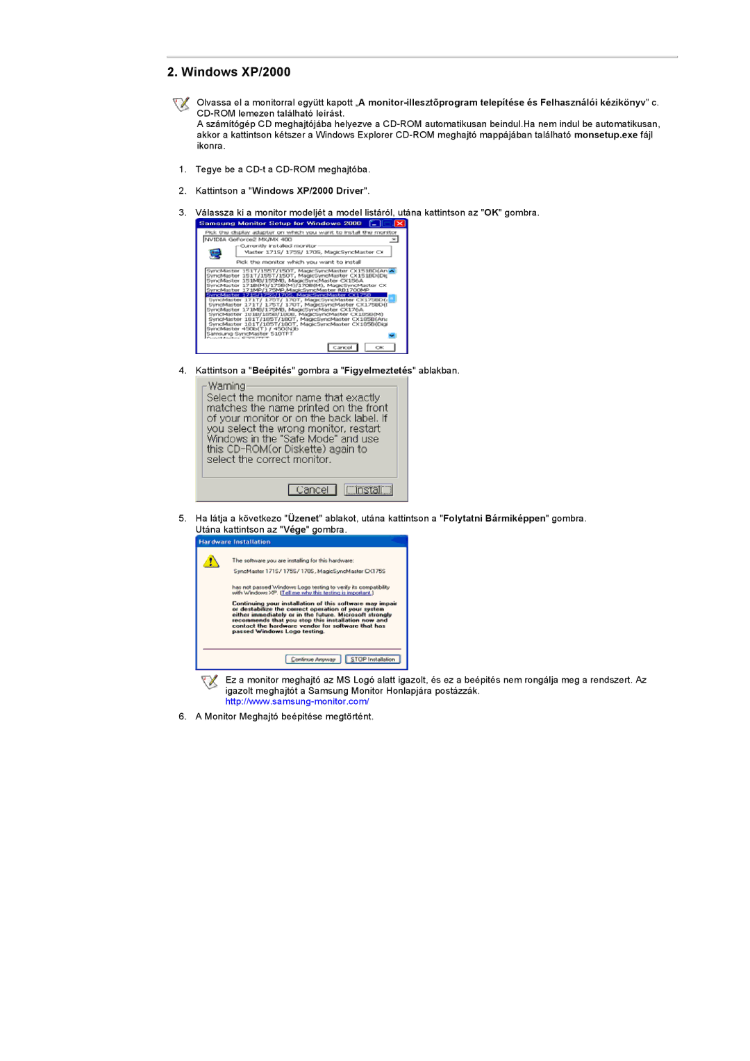 Samsung RB15ASSS/EDC, RB17ASSS/EDC, RB15ASSST/EDC, RB17ASSST/EDC manual Kattintson a Windows XP/2000 Driver 