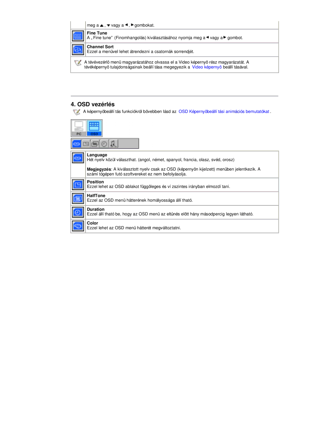 Samsung RB15ASSS/EDC, RB17ASSS/EDC, RB15ASSST/EDC, RB17ASSST/EDC manual OSD vezérlés 