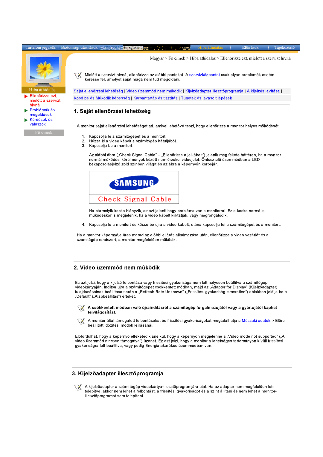 Samsung RB15ASSST/EDC manual Saját ellenõrzési lehetõség, Video üzemmód nem mûködik, Kijelzõadapter illesztõprogramja 