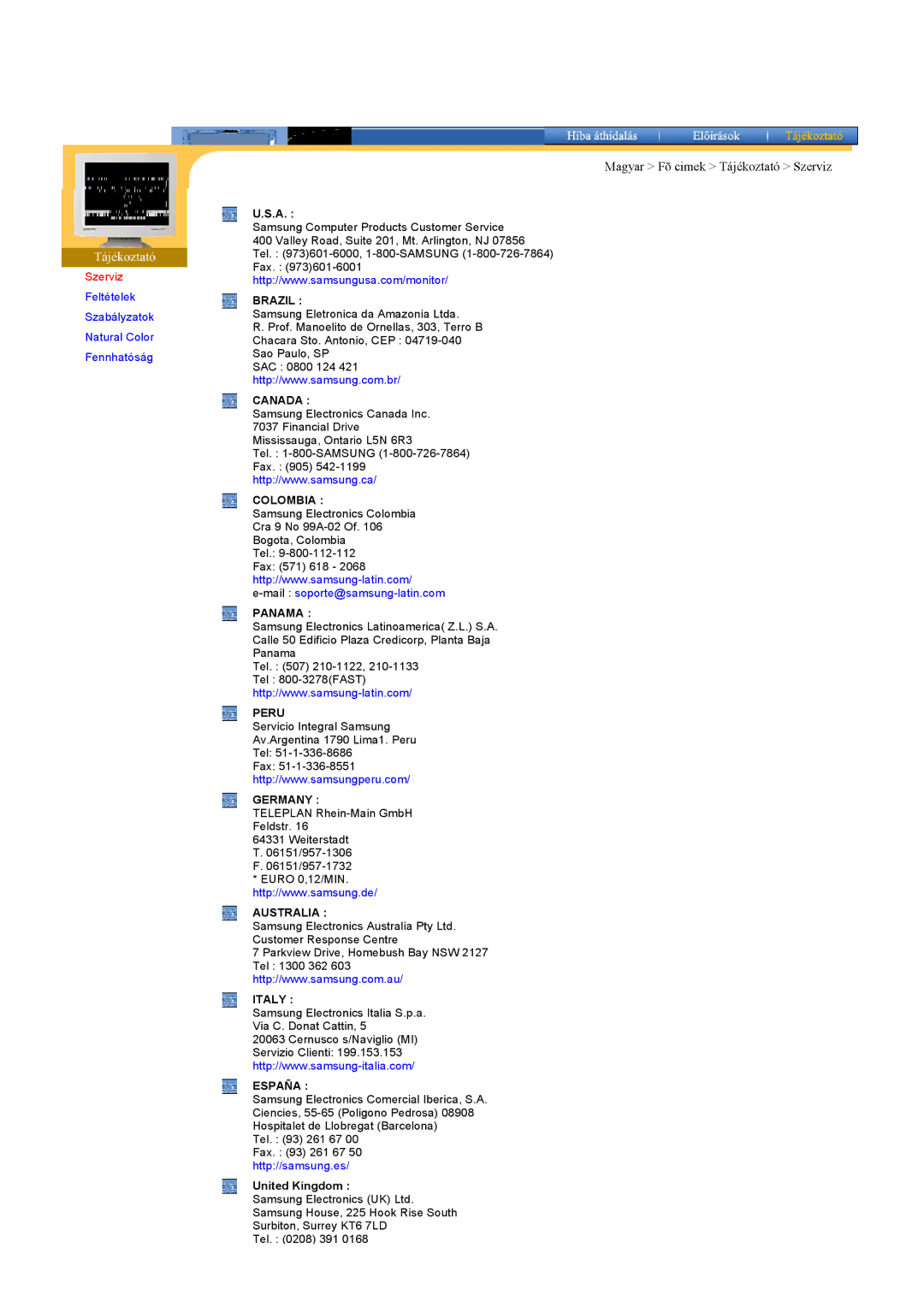 Samsung RB17ASSS/EDC, RB15ASSS/EDC, RB15ASSST/EDC, RB17ASSST/EDC manual Magyar Fõ cimek Tájékoztató Szerviz, United Kingdom 