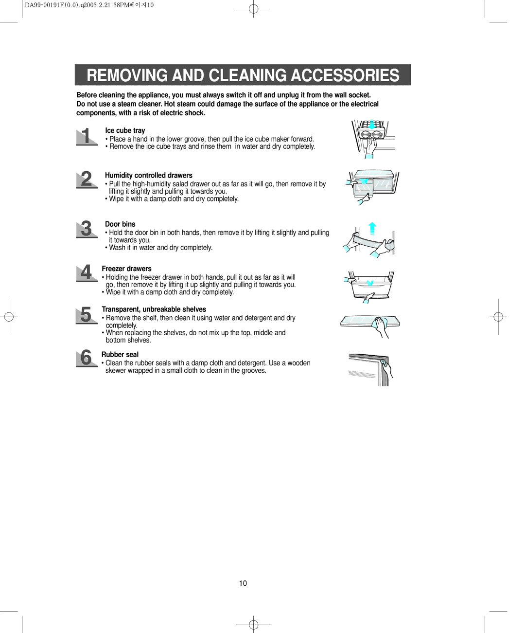 Samsung RB2044SL, RB1844SW, RB1844SL, RB2044SW Removing and Cleaning Accessories, Door bins, Freezer drawers, Rubber seal 