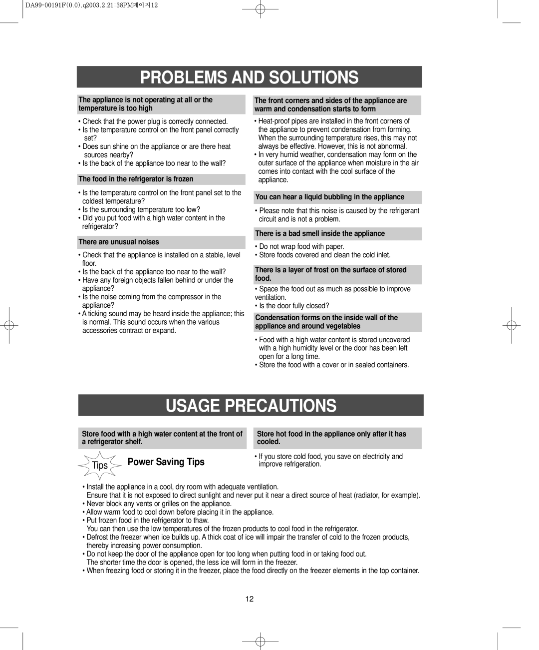 Samsung RB1844SL, RB1844SW, RB2044SW, RB2044SL owner manual Problems and Solutions, Usage Precautions 