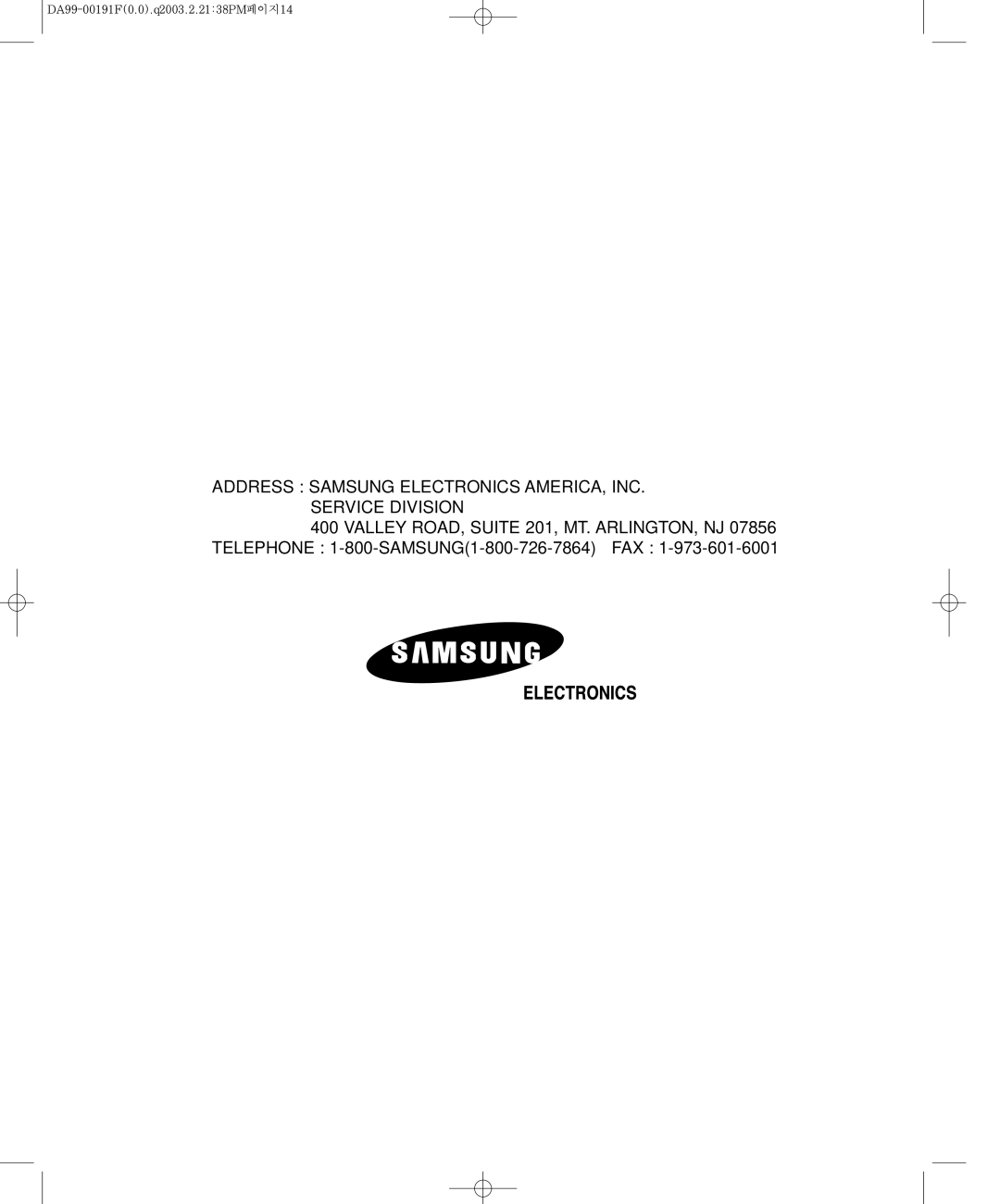 Samsung RB2044SL, RB1844SW, RB1844SL, RB2044SW owner manual Address Samsung Electronics AMERICA, INC. Service Division 