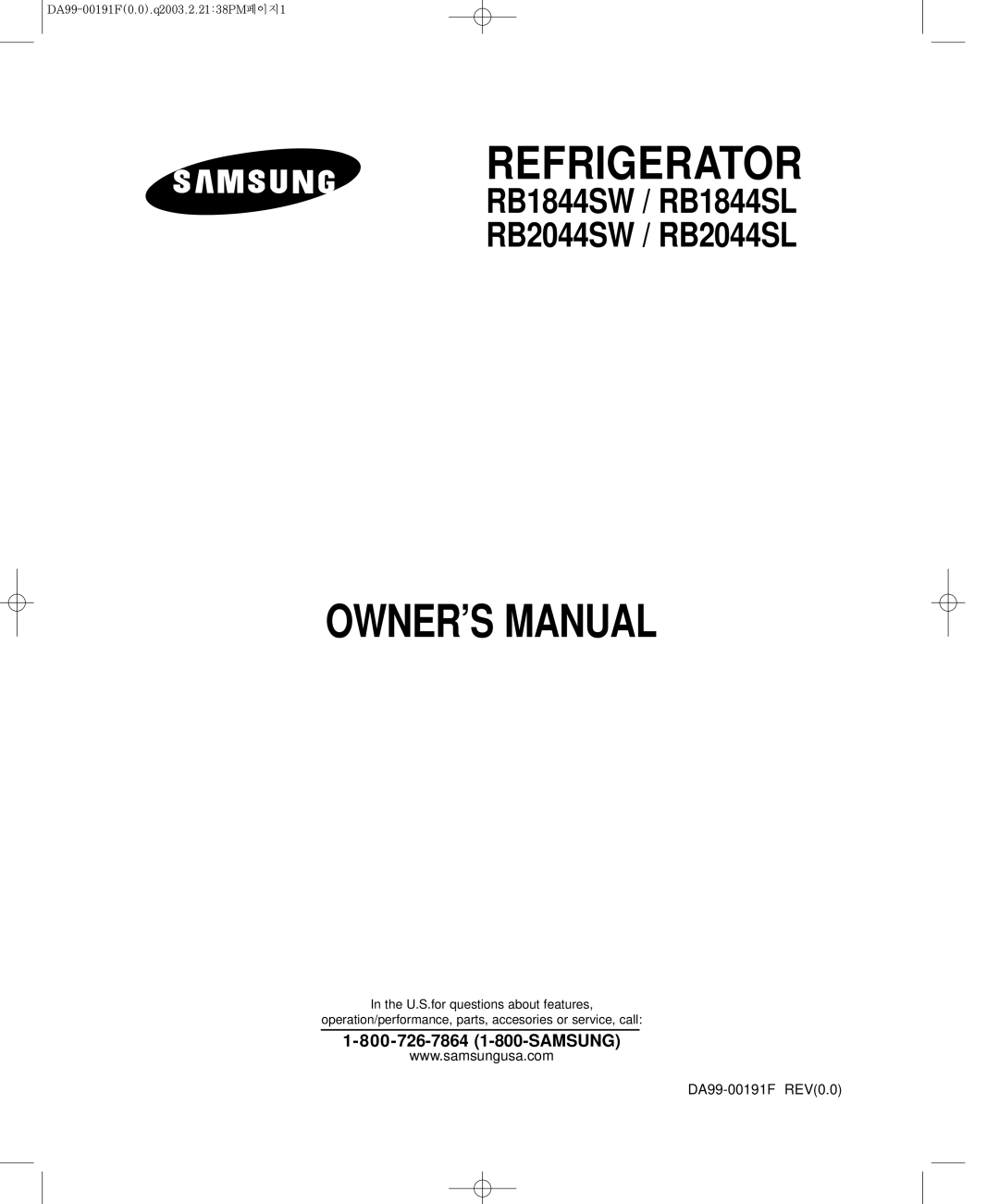 Samsung owner manual Refrigerator, RB1844SW / RB1844SL RB2044SW / RB2044SL, DA68-00998AREV0.0 