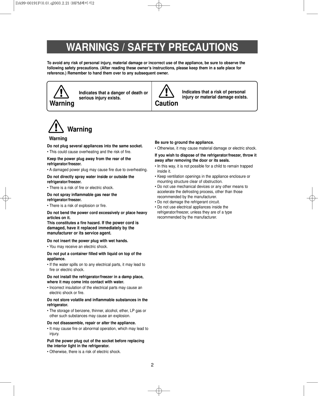 Samsung RB2044SL, RB1844SW, RB1844SL, RB2044SW owner manual Warnings / Safety Precautions, Be sure to ground the appliance 