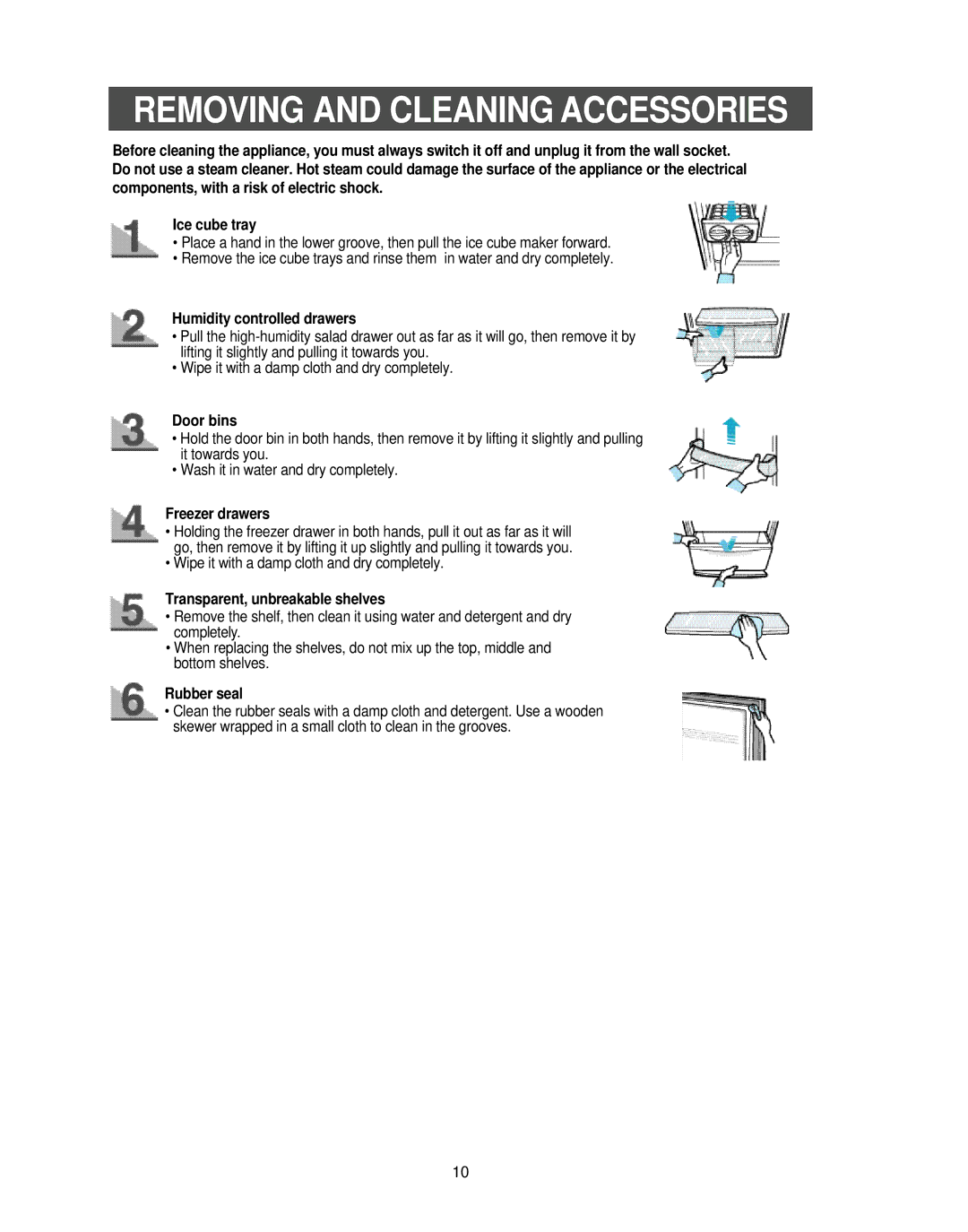 Samsung RB2055SW, RB1855SL, RB1855SW owner manual Removing and Cleaning Accessories, Door bins, Freezer drawers, Rubber seal 