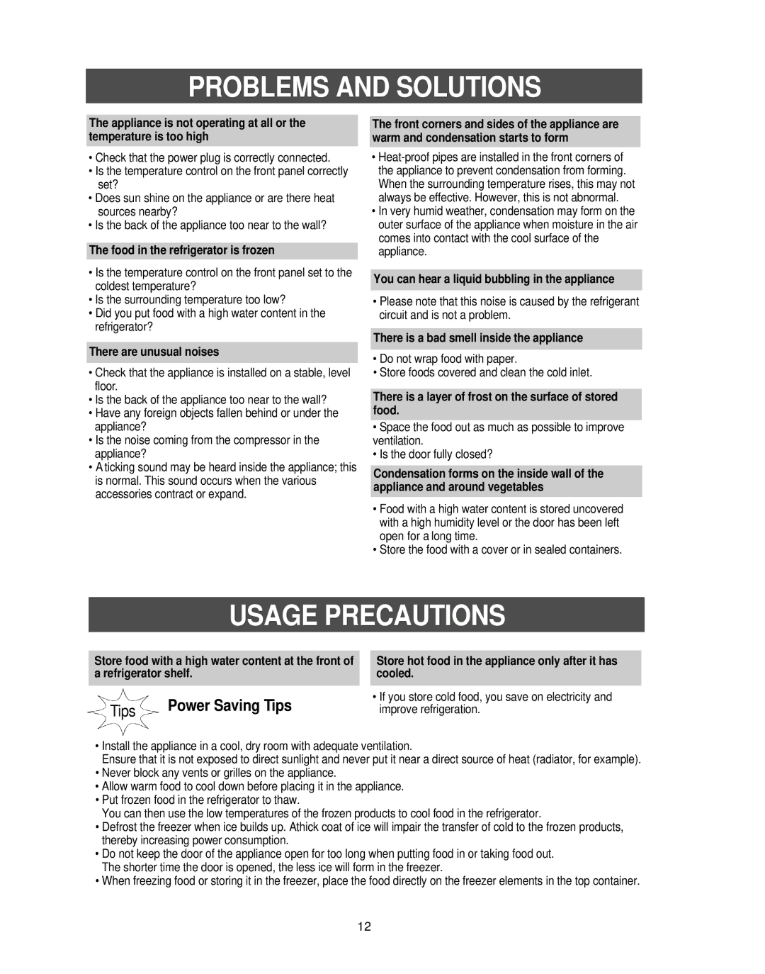 Samsung RB1855SW, RB1855SL, RB2055SW owner manual Problems and Solutions, Usage Precautions 