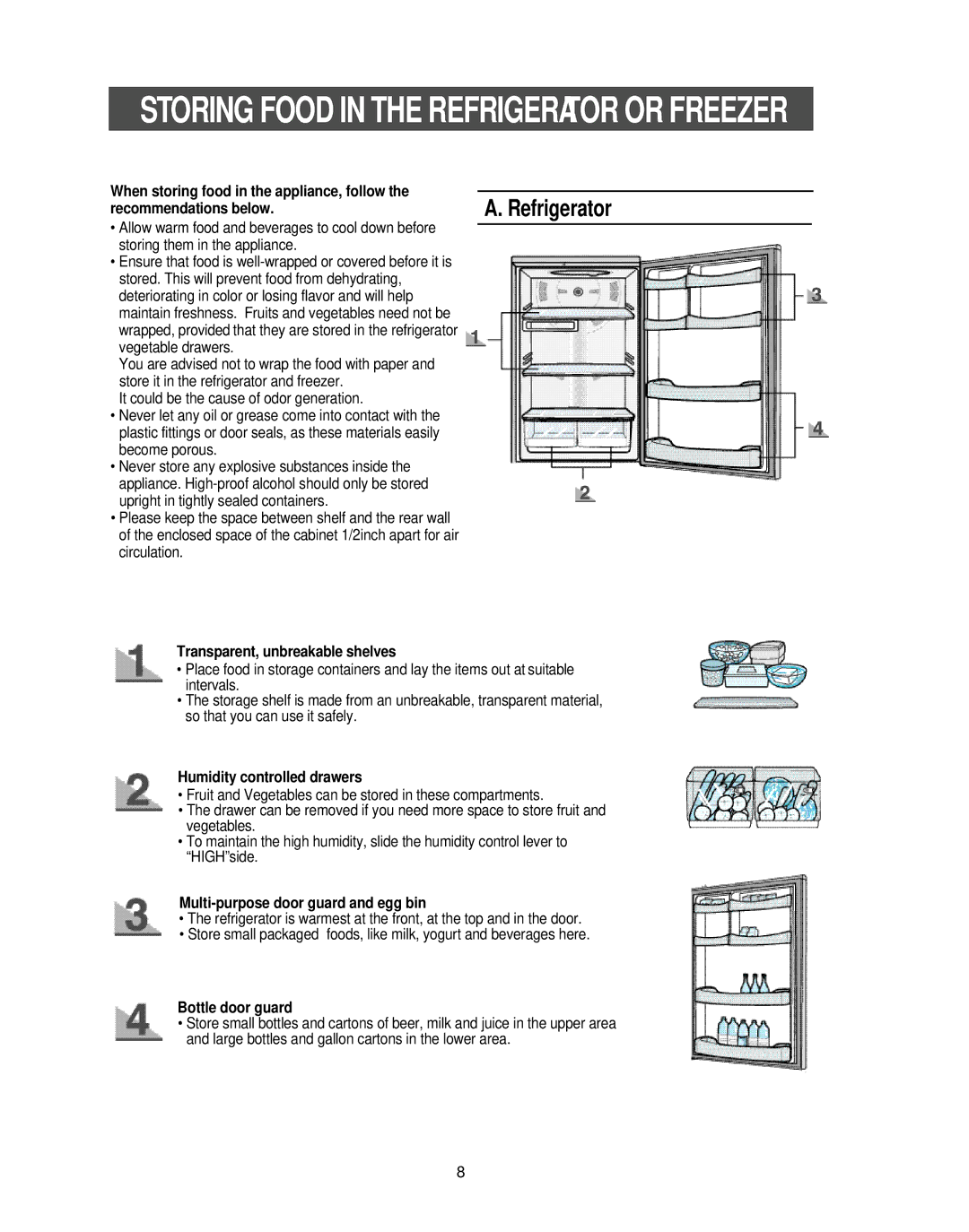 Samsung RB1855SL Transparent, unbreakable shelves, Humidity controlled drawers, Multi-purpose door guard and egg bin 