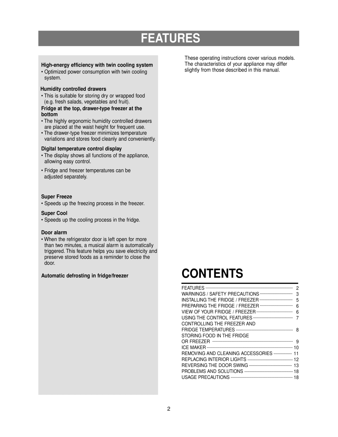 Samsung RB193KASB owner manual Features, Contents 