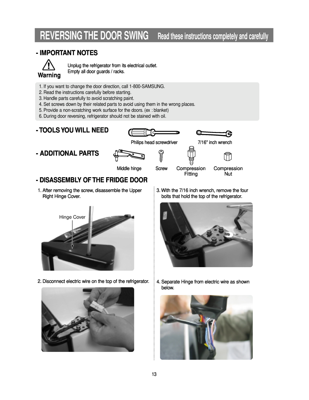 Samsung RB193KASB Important Notes, Tools You Will Need, Additional Parts, Disassembly Of The Fridge Door, Fitting 