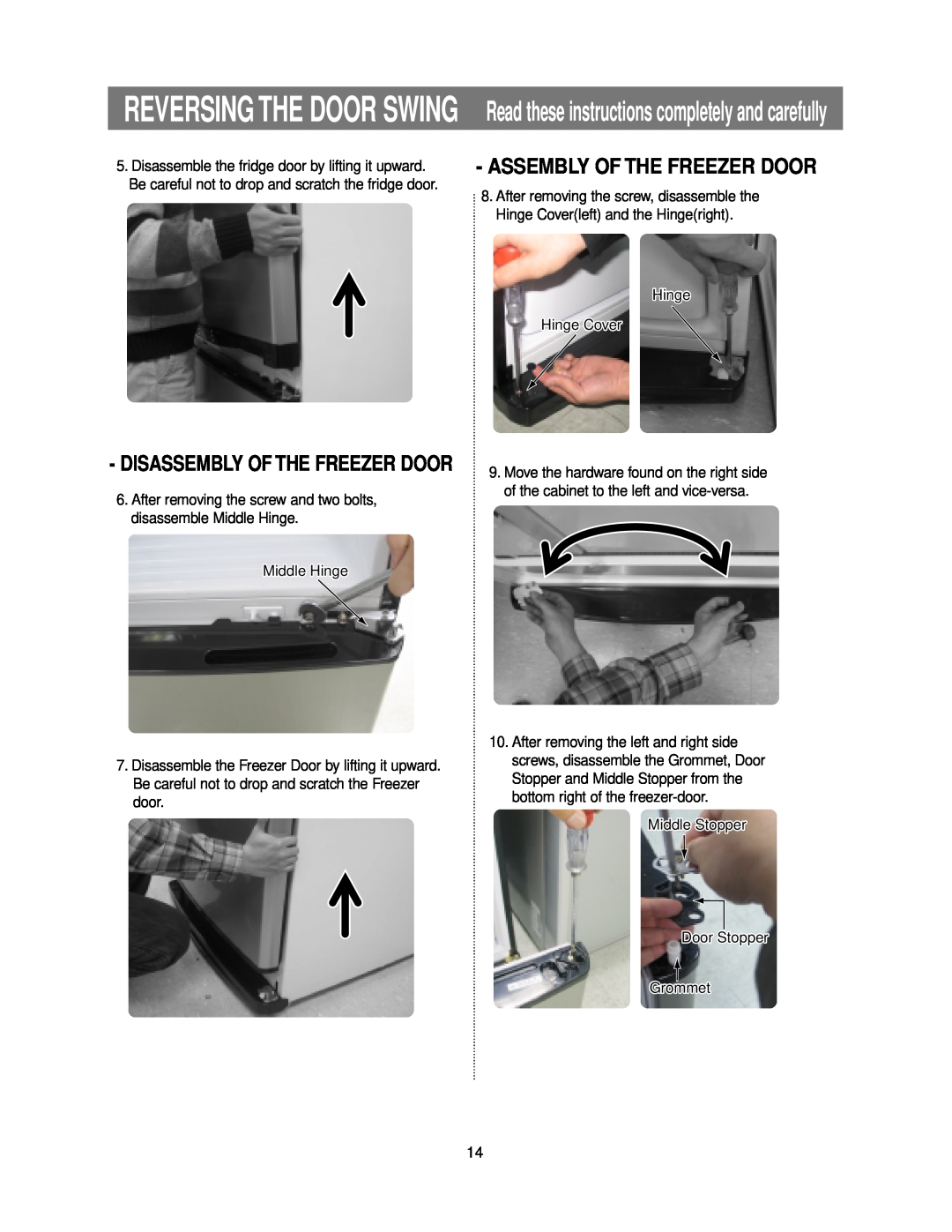 Samsung RB193KASB owner manual Assembly Of The Freezer Door, Disassembly Of The Freezer Door, Reversing The Door Swing 
