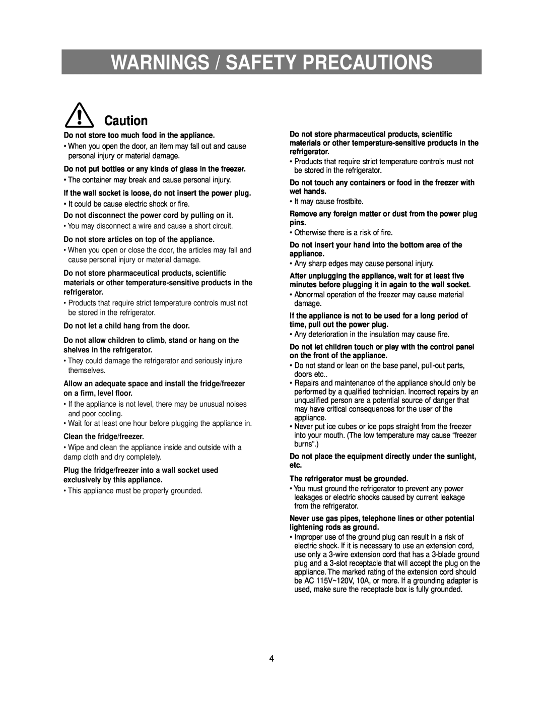 Samsung RB193KASB owner manual Warnings / Safety Precautions 
