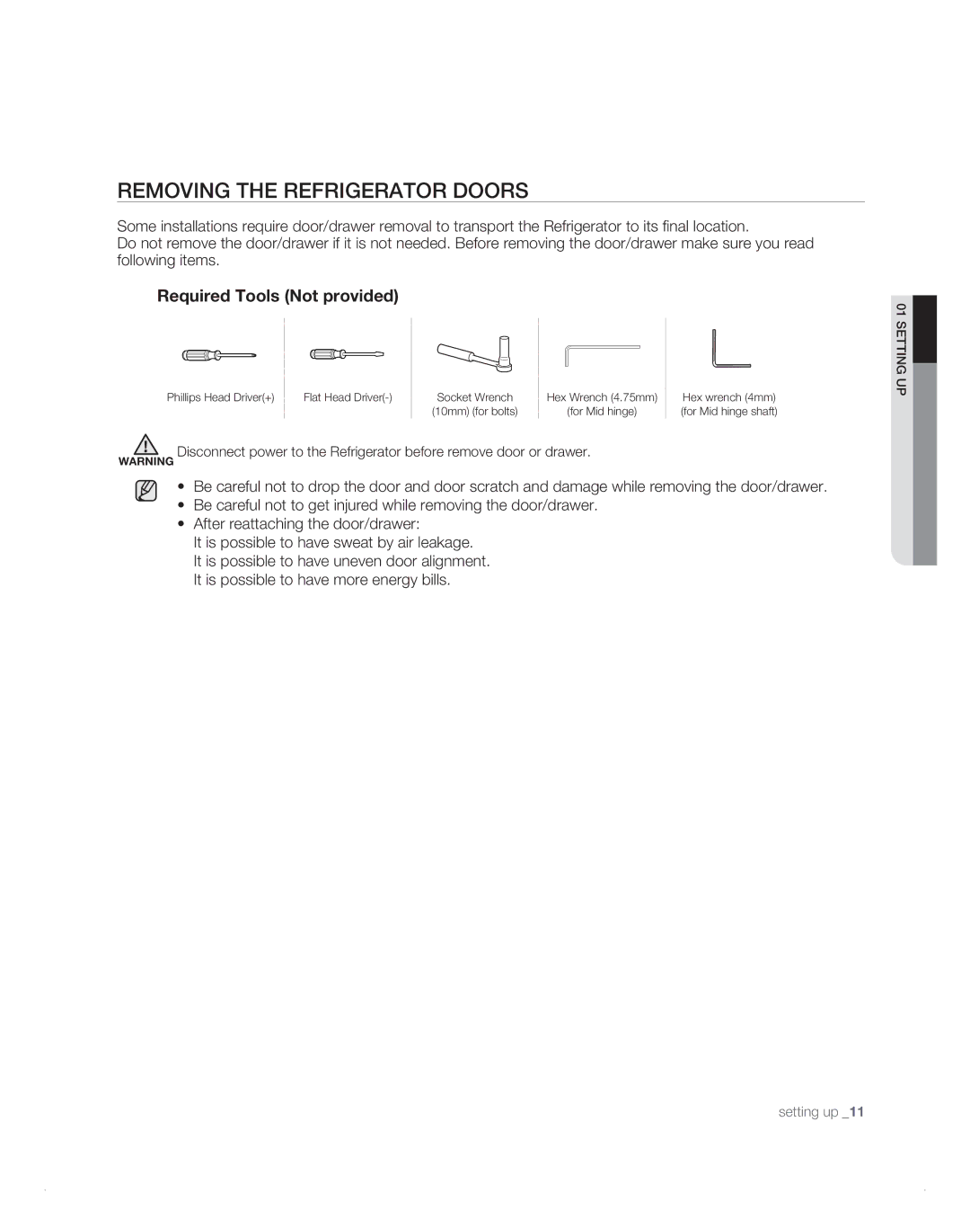 Samsung RB216AB, RB194AB, RB1AB, RB214AB, RB196AB user manual Removing the refrigerator doors, Required Tools Not provided 