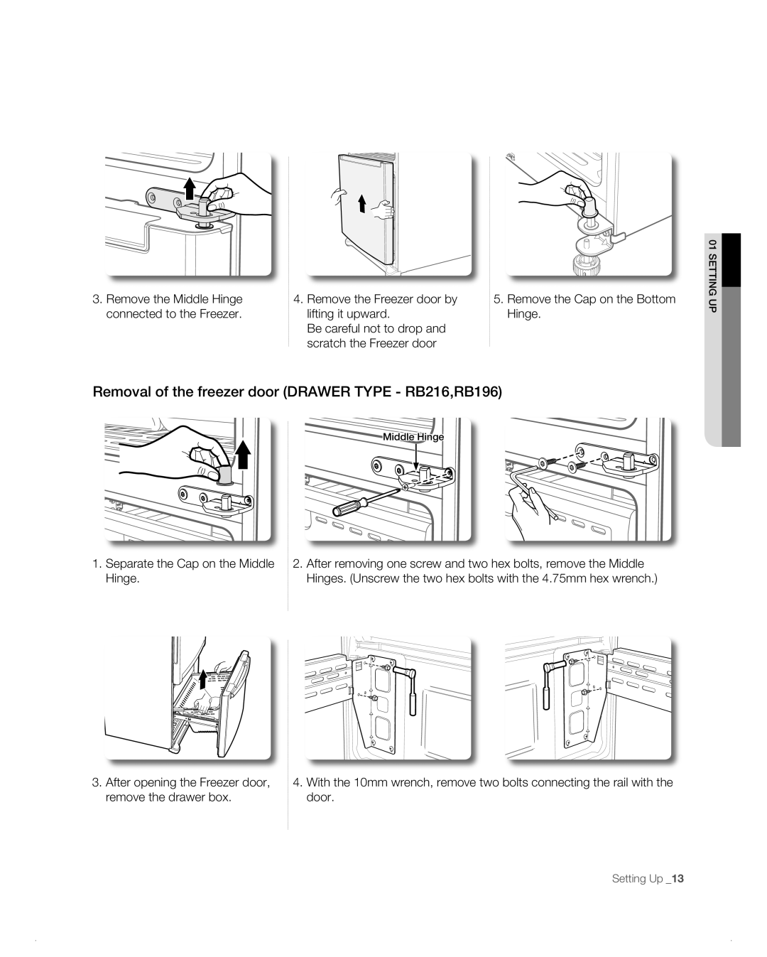 Samsung RB214AB, RB194AB, RB216AB Removal of the freezer door Drawer Type RB216,RB196, Separate the Cap on the Middle Hinge 