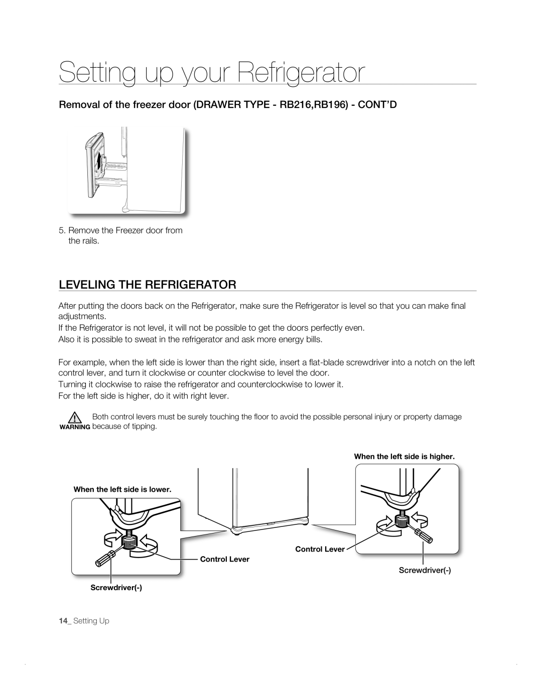 Samsung RB196AB, RB194AB, RB216AB Leveling the refrigerator, Removal of the freezer door Drawer Type RB216,RB196 CONT’D 