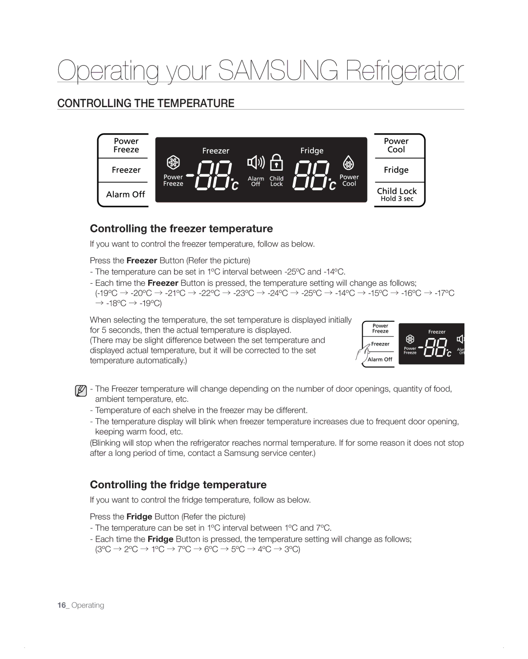 Samsung RB216AB, RB194AB, RB1AB, RB214AB, RB196AB user manual Operating your Samsung Refrigerator, Controlling the temperature 