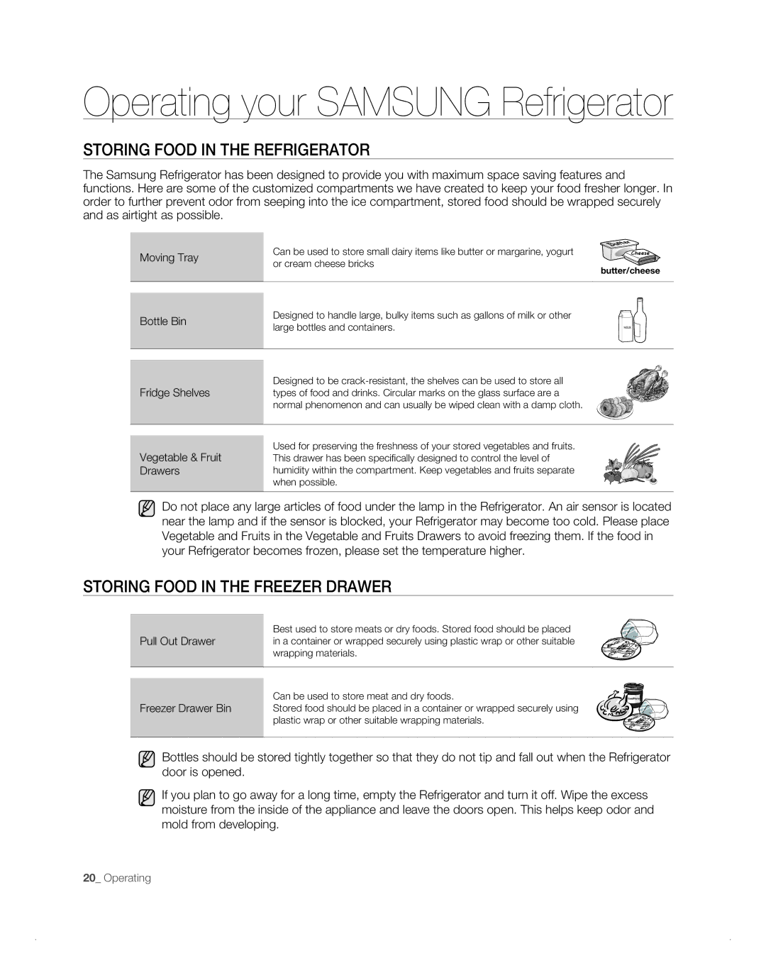 Samsung RB194AB, RB216AB, RB1AB, RB214AB, RB196AB Storing Food in the Refrigerator, Storing Food in the Freezer Drawer 