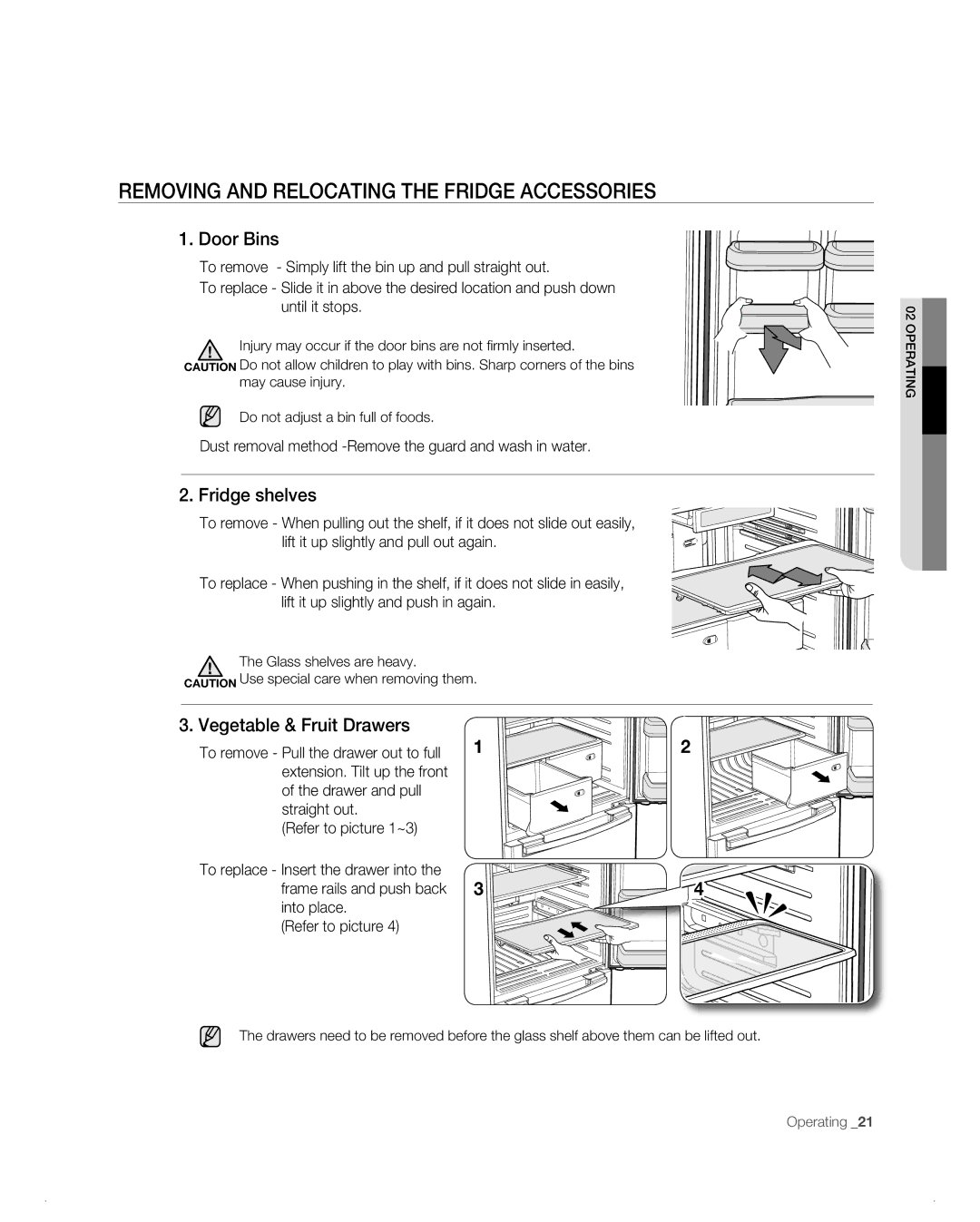 Samsung RB216AB Removing and relocating the fridge accessories, Door Bins, Fridge shelves, Vegetable & Fruit Drawers 