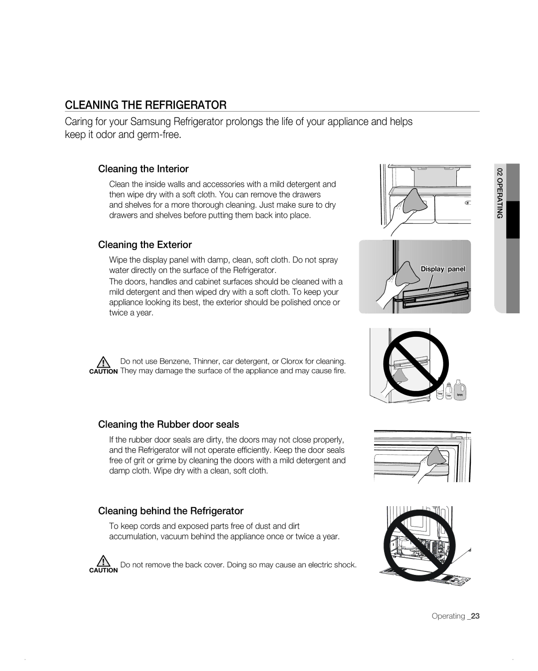 Samsung RB214AB CLEAninG tHE REFRiGERAtoR, Cleaning the Interior, Cleaning the Exterior, Cleaning the Rubber door seals 