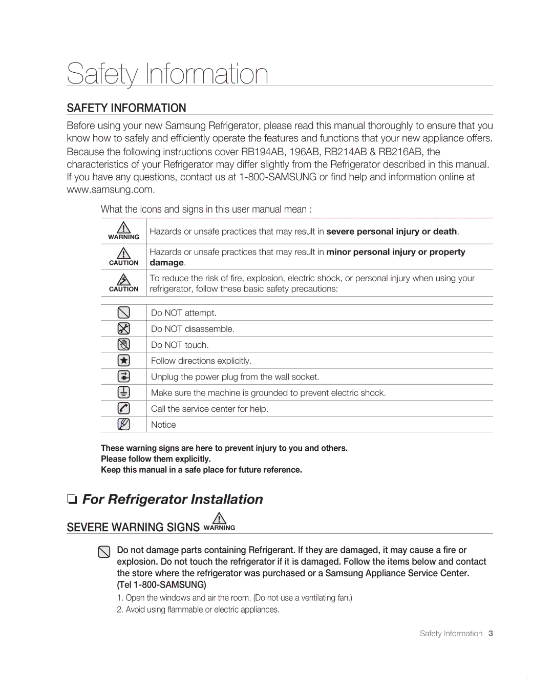 Samsung RB214AB, RB194AB, RB216AB, RB1AB, RB196AB user manual Safety Information 