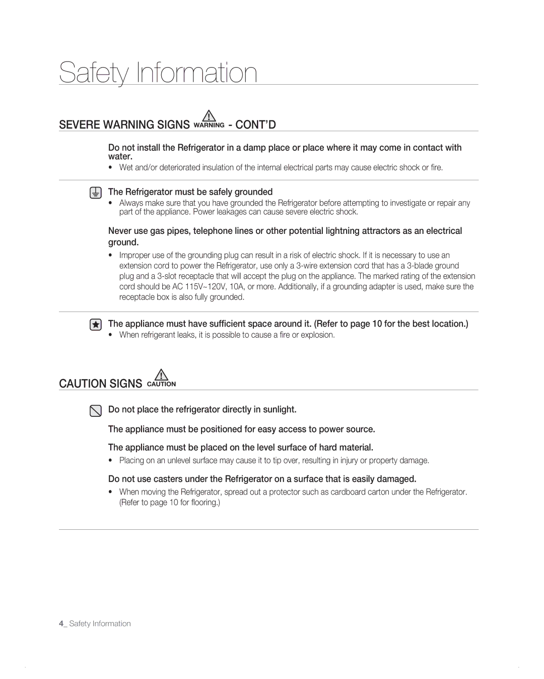 Samsung RB196AB, RB194AB, RB216AB, RB1AB, RB214AB Severe Warning Signs Warning cont’d, Refrigerator must be safely grounded 