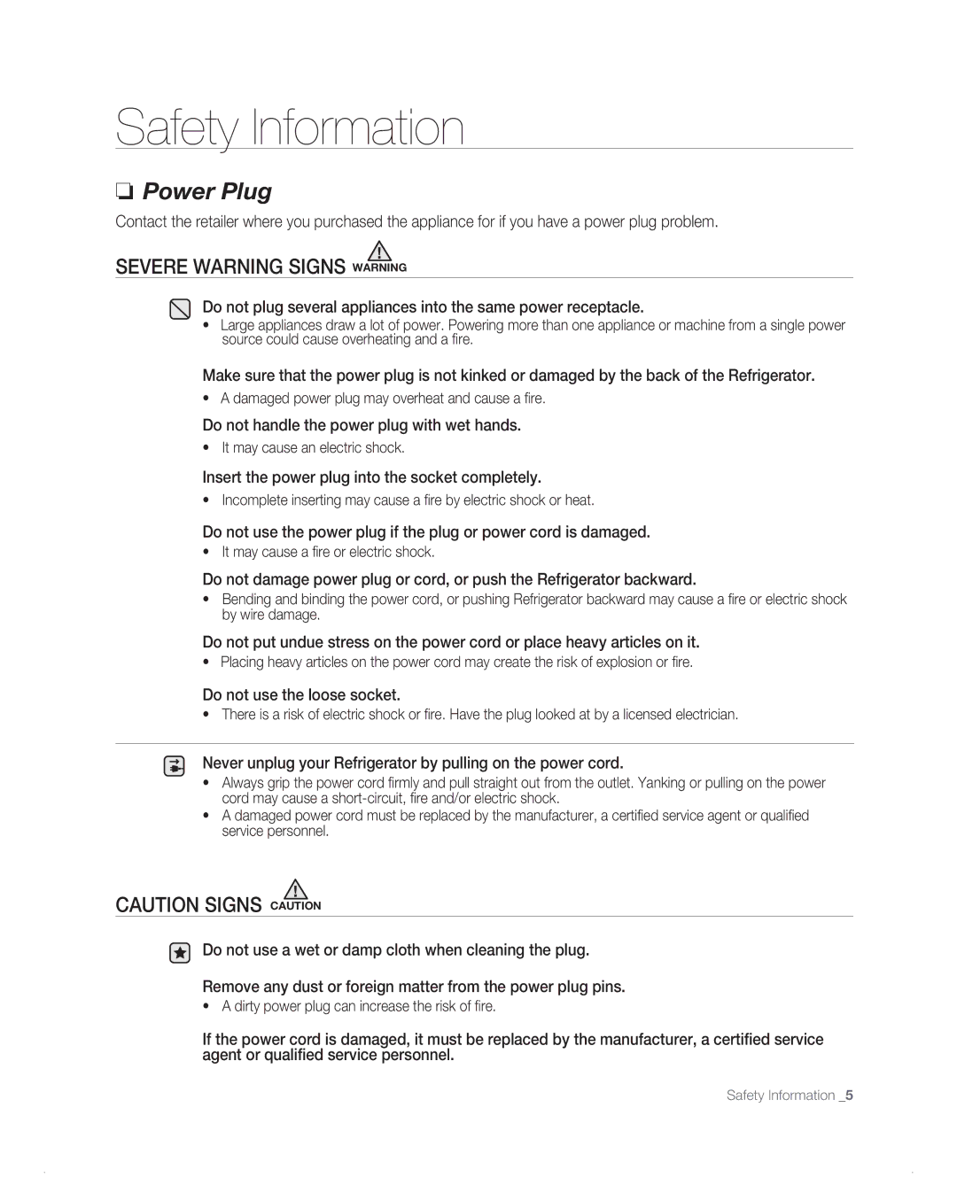 Samsung RB194AB, RB216AB Do not handle the power plug with wet hands, Insert the power plug into the socket completely 