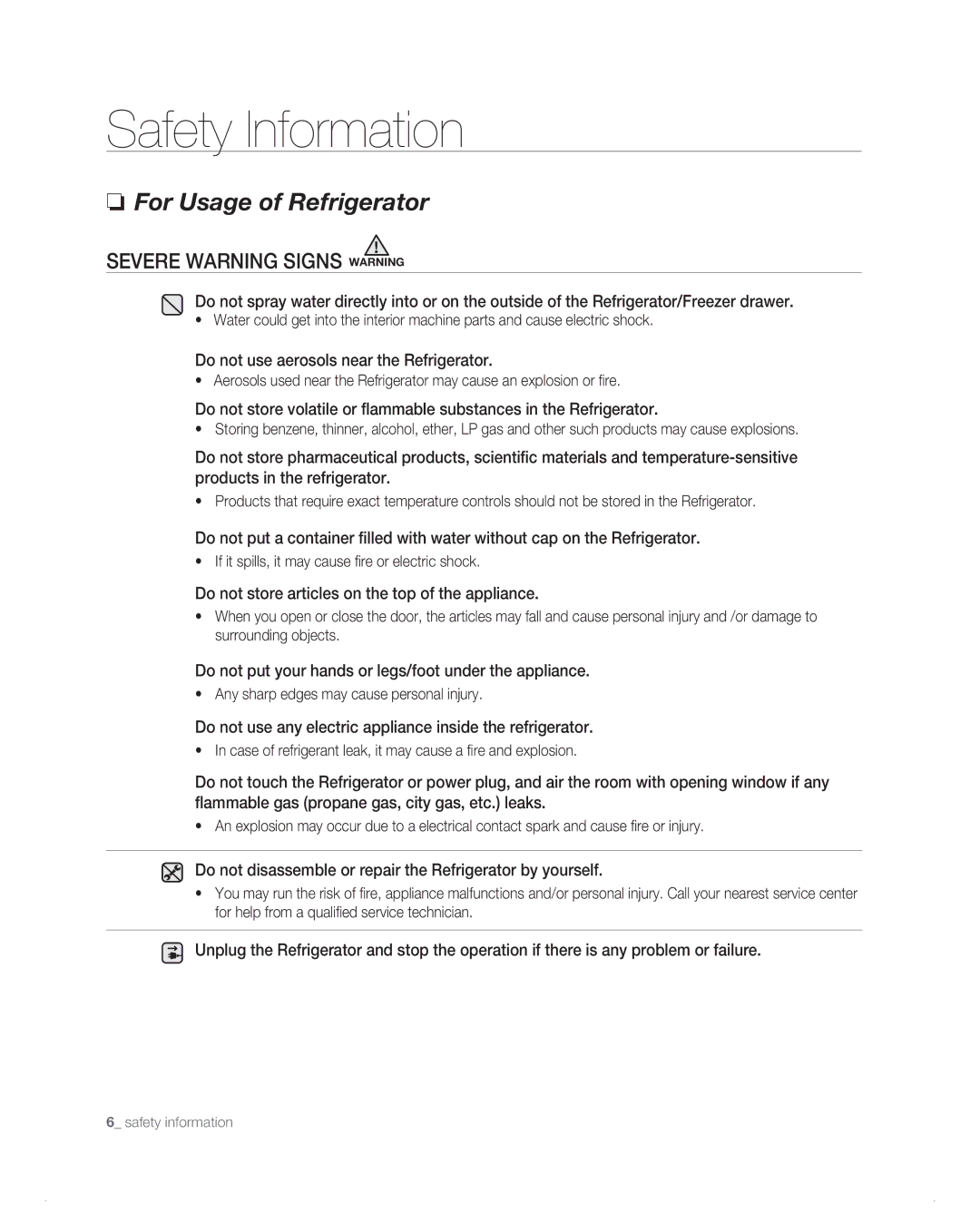 Samsung RB216AB, RB194AB Do not use aerosols near the Refrigerator, Do not store articles on the top of the appliance 