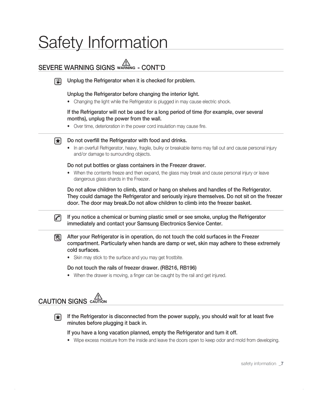 Samsung RB1AB, RB194AB, RB216AB, RB214AB, RB196AB user manual Do not overfill the Refrigerator with food and drinks 