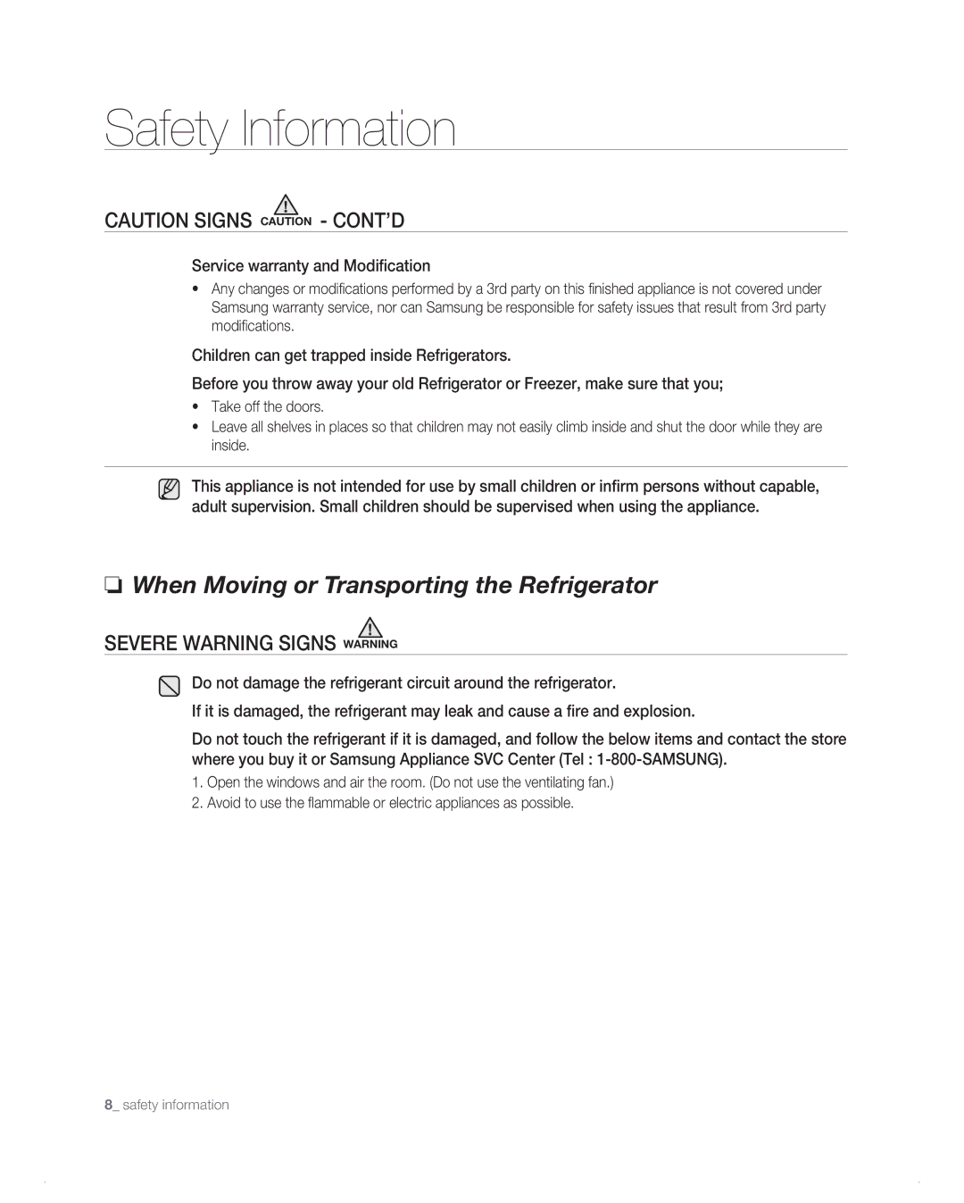 Samsung RB214AB, RB194AB, RB216AB, RB1AB When Moving or Transporting the Refrigerator, Service warranty and Modification 