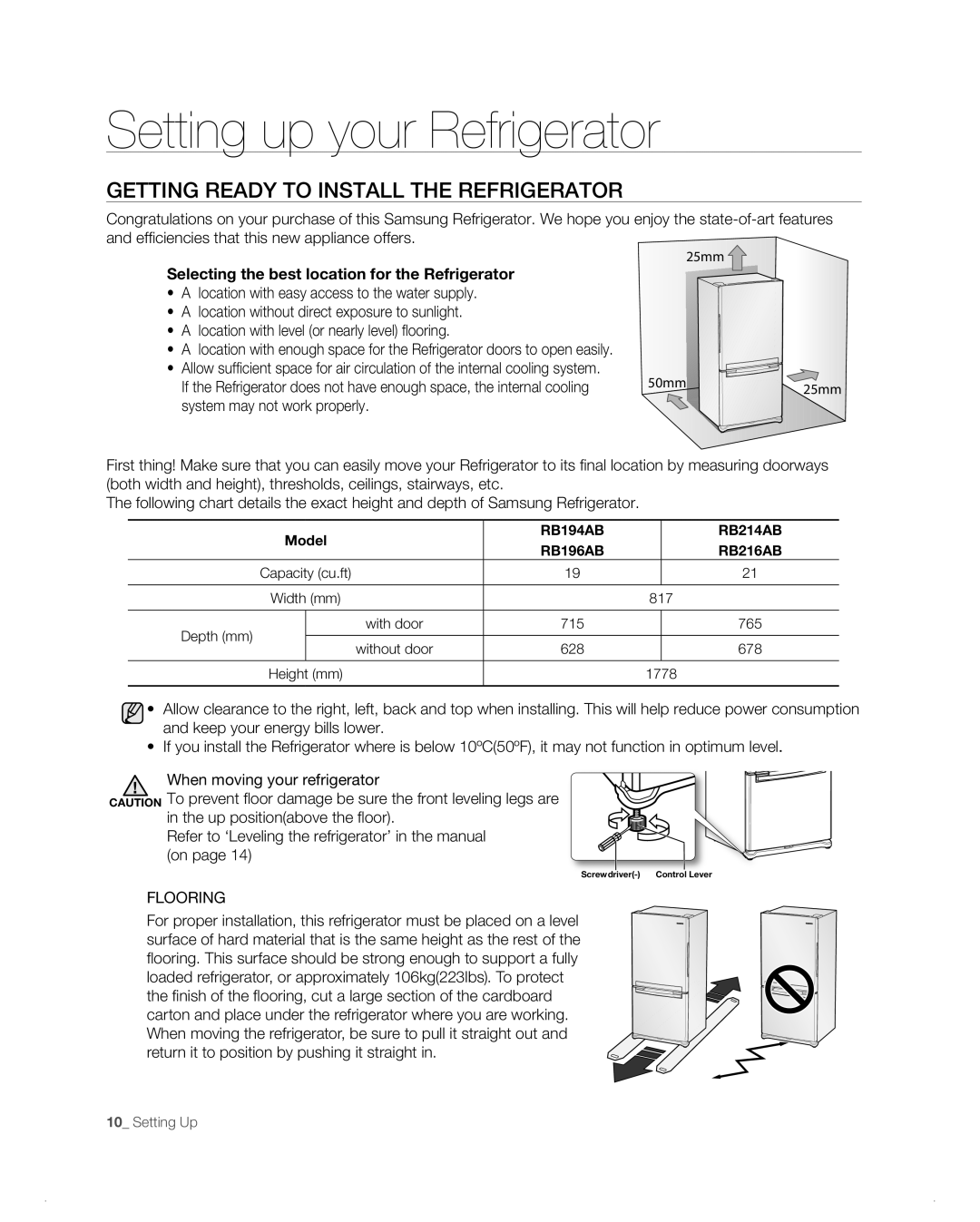 Samsung RB194AB, RB216AB, RB1AB, RB214AB, RB196AB Setting up your Refrigerator, GEttinG READy to instALL tHE REFRiGERAtoR 