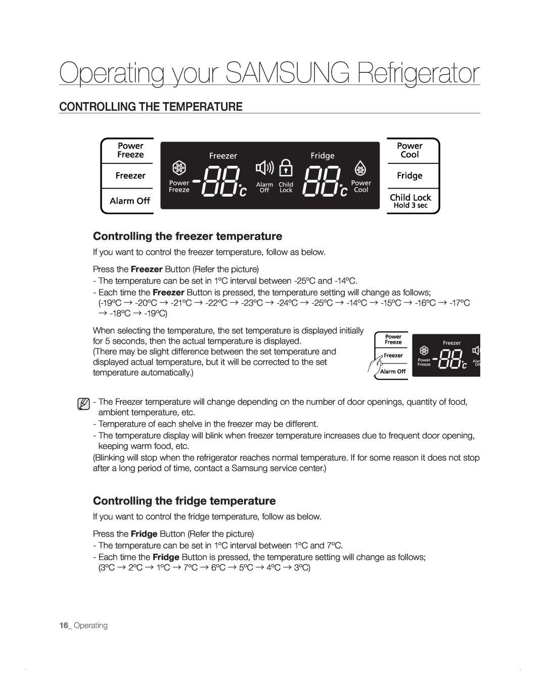 Samsung RB216AB, RB194AB, RB1AB, RB214AB, RB196AB user manual Operating your SAMSUNG Refrigerator, Controlling the temperature 