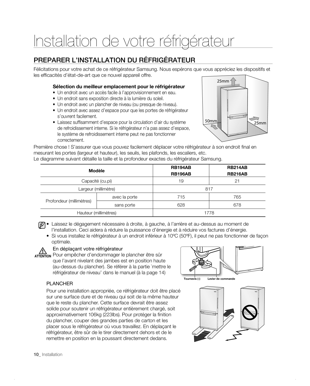 Samsung RB214AB, RB194AB, RB216AB, RB196AB Installation de votre réfrigérateur, Preparer L’INSTALLATION DU Réfrigérateur 