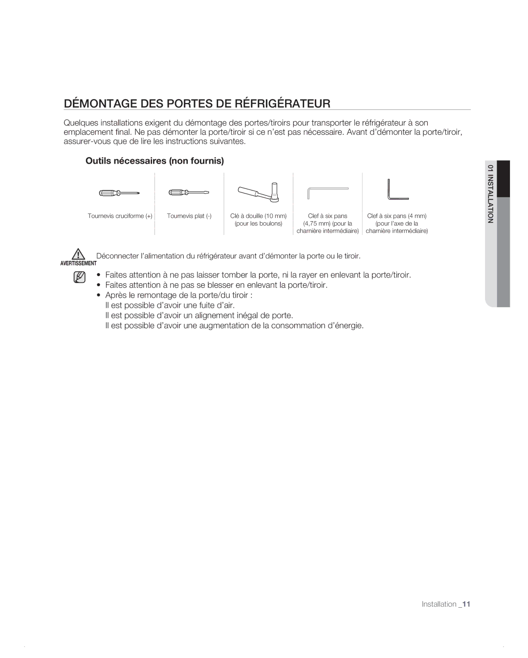 Samsung RB196AB, RB194AB, RB216AB, RB214AB manual Démontage DES Portes DE Réfrigérateur, Outils nécessaires non fournis 