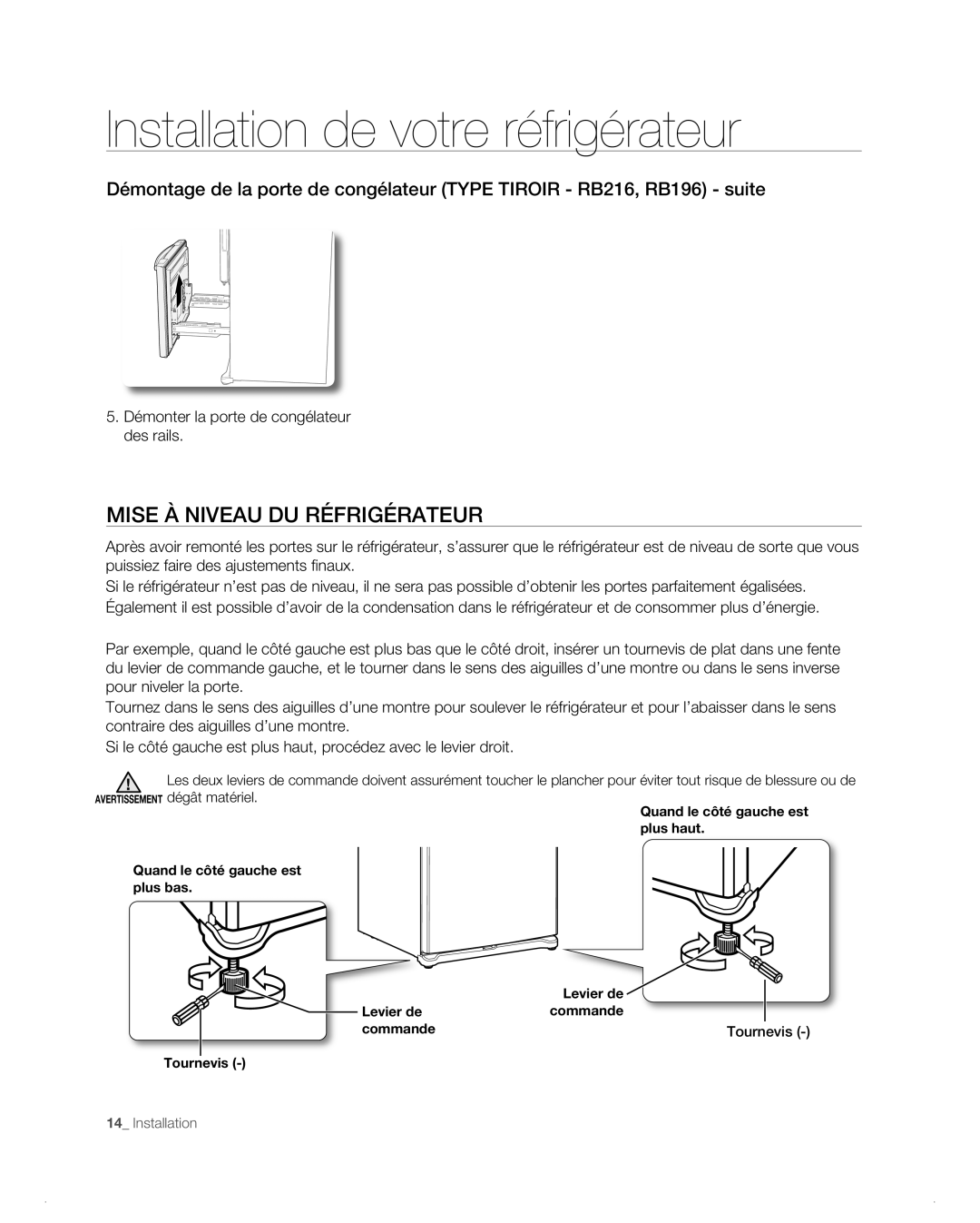 Samsung RB214AB, RB194AB, RB216AB, RB196AB manual Mise À Niveau DU Réfrigérateur 