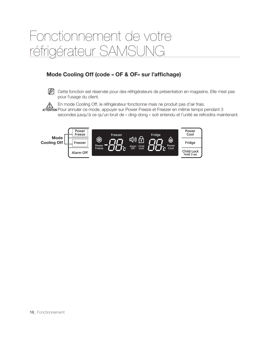 Samsung RB214AB, RB194AB, RB216AB, RB196AB manual Mode Cooling Off code « of & OF» sur l’affichage 