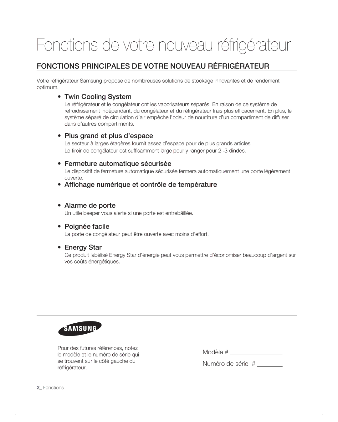 Samsung RB214AB, RB194AB, RB216AB, RB196AB Fonctions Principales DE Votre Nouveau Réfrigérateur, Modèle # Numéro de série # 