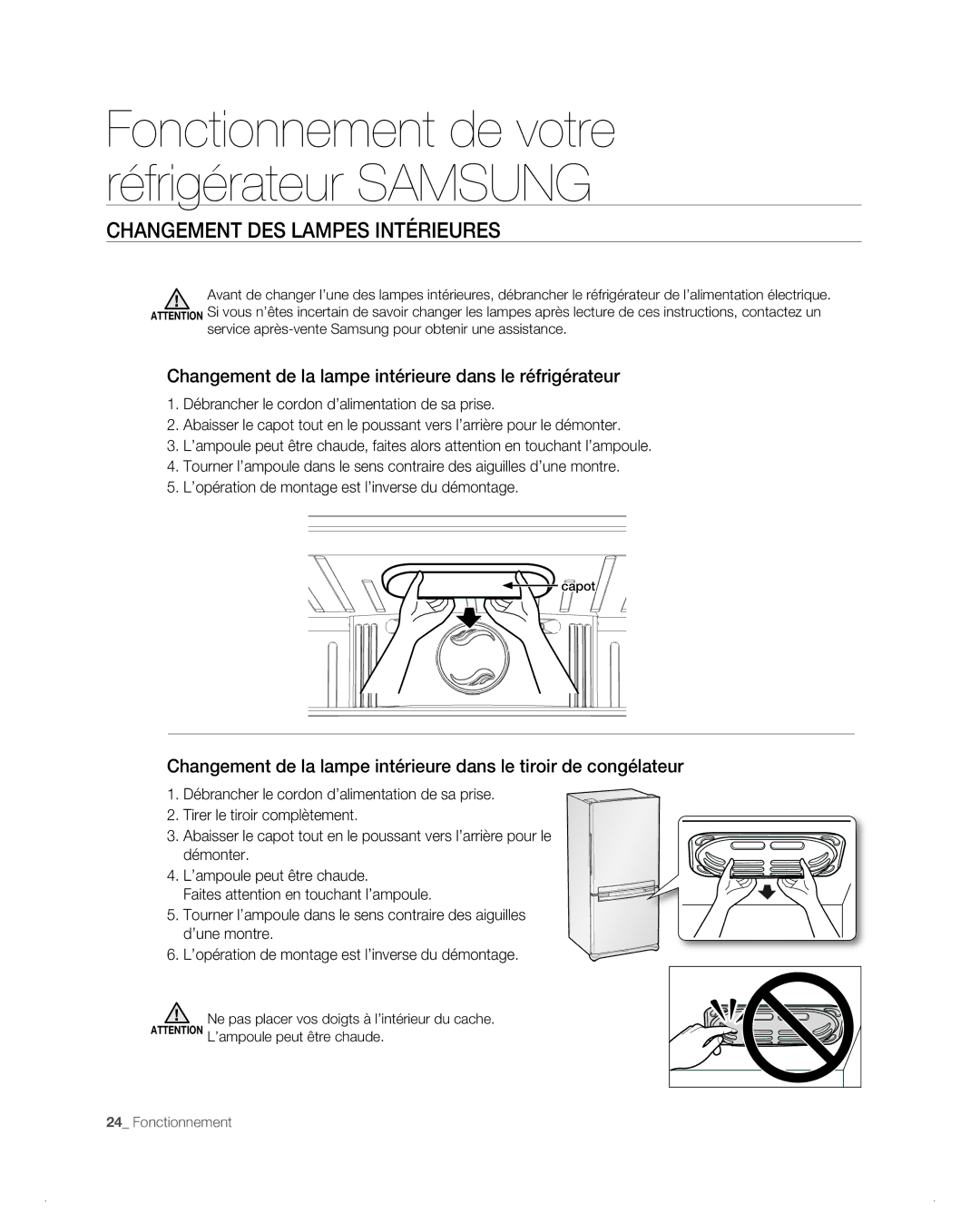 Samsung RB194AB, RB216AB manual Changement DES Lampes Intérieures, Changement de la lampe intérieure dans le réfrigérateur 