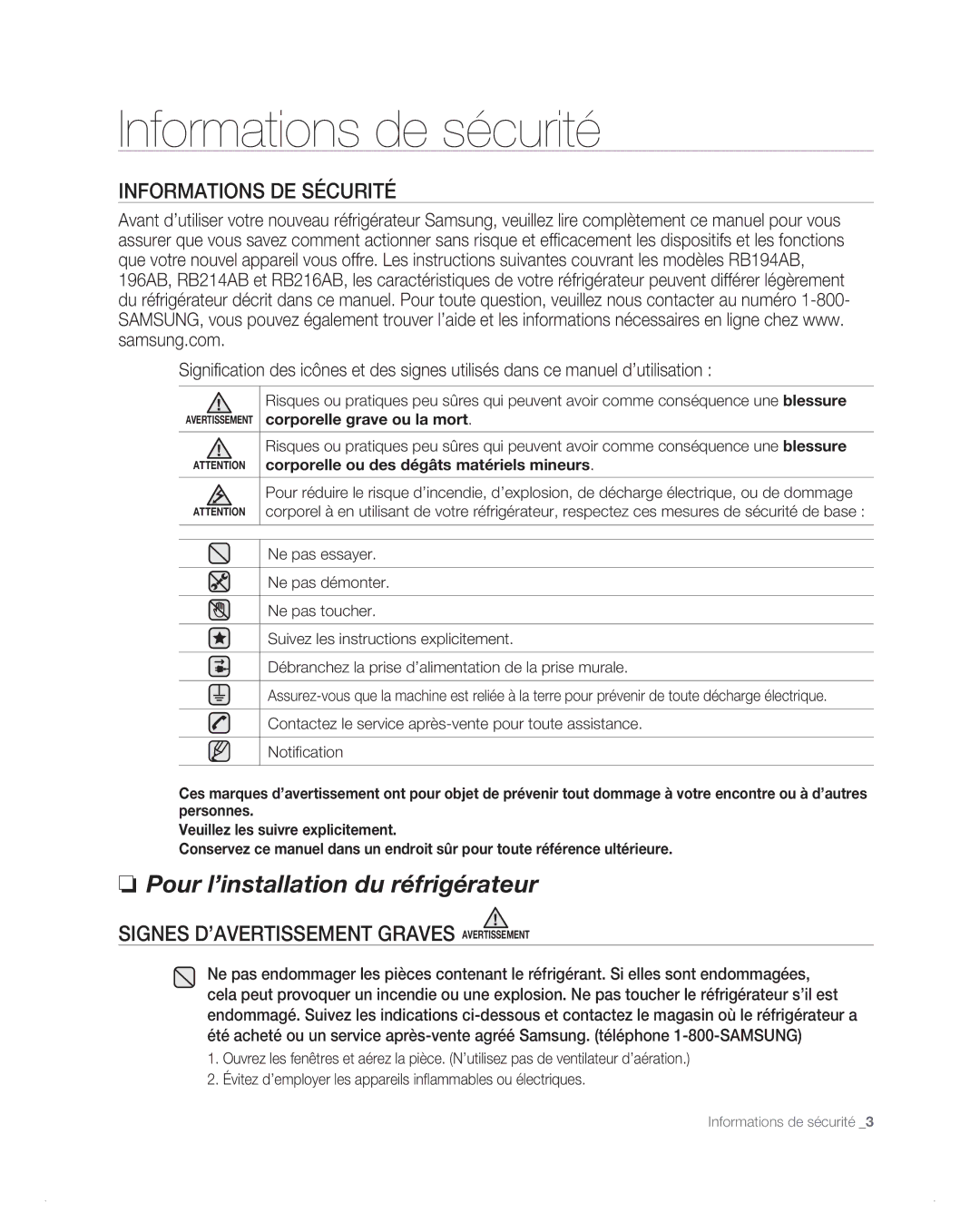 Samsung RB196AB, RB194AB, RB216AB, RB214AB manual Informations de sécurité, Signes D’AVERTISSEMENT Graves Avertissement 