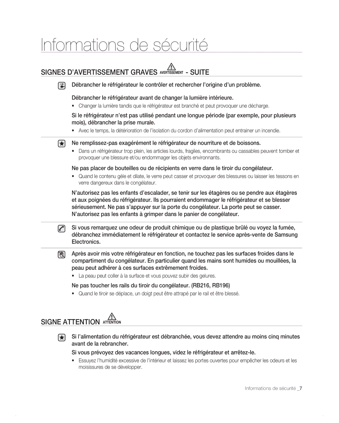 Samsung RB196AB, RB194AB, RB216AB, RB214AB manual Signes D’AVERTISSEMENT Graves Avertissement Suite 