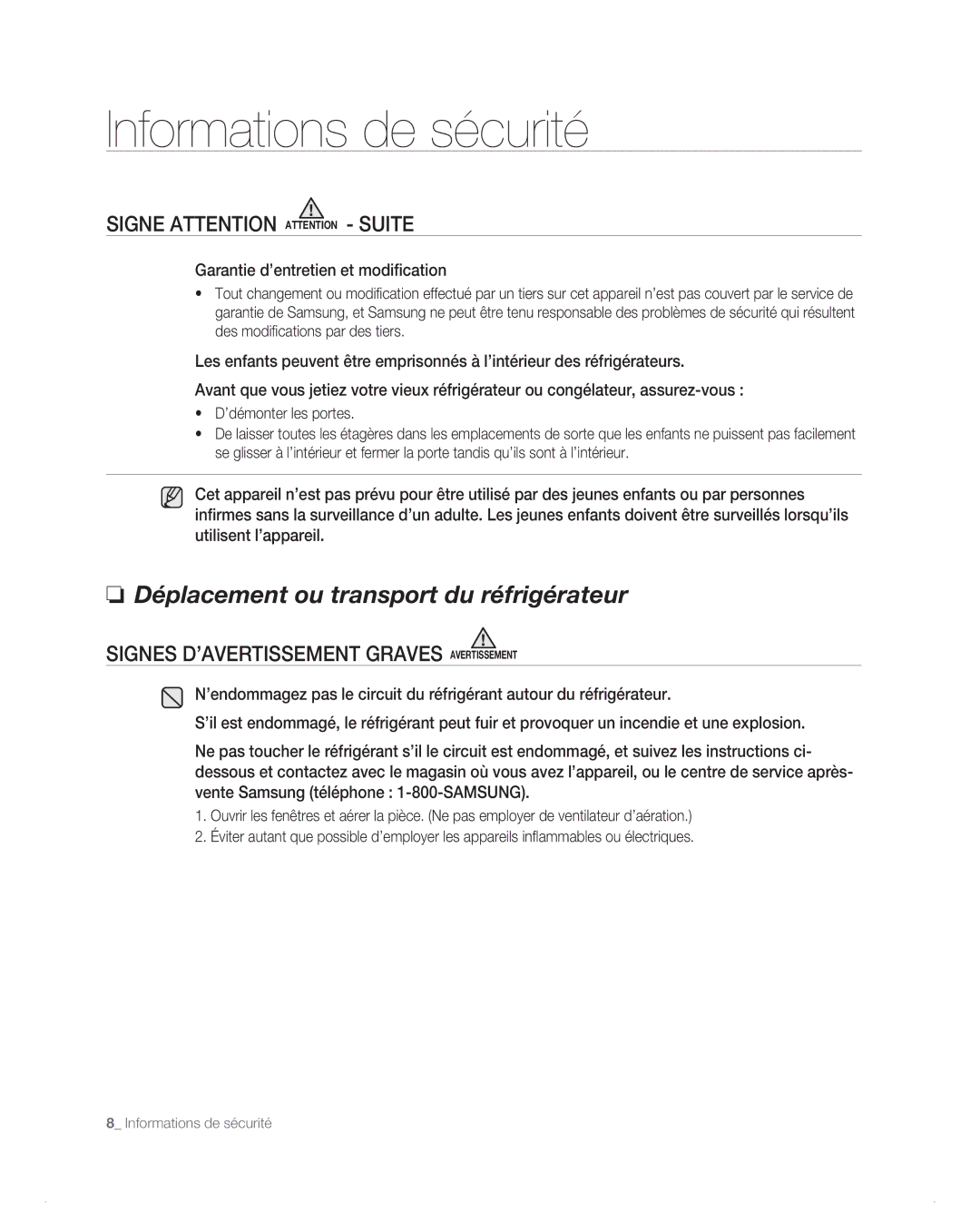 Samsung RB194AB, RB216AB, RB214AB, RB196AB manual Signe Attention Attention Suite, Garantie d’entretien et modification 