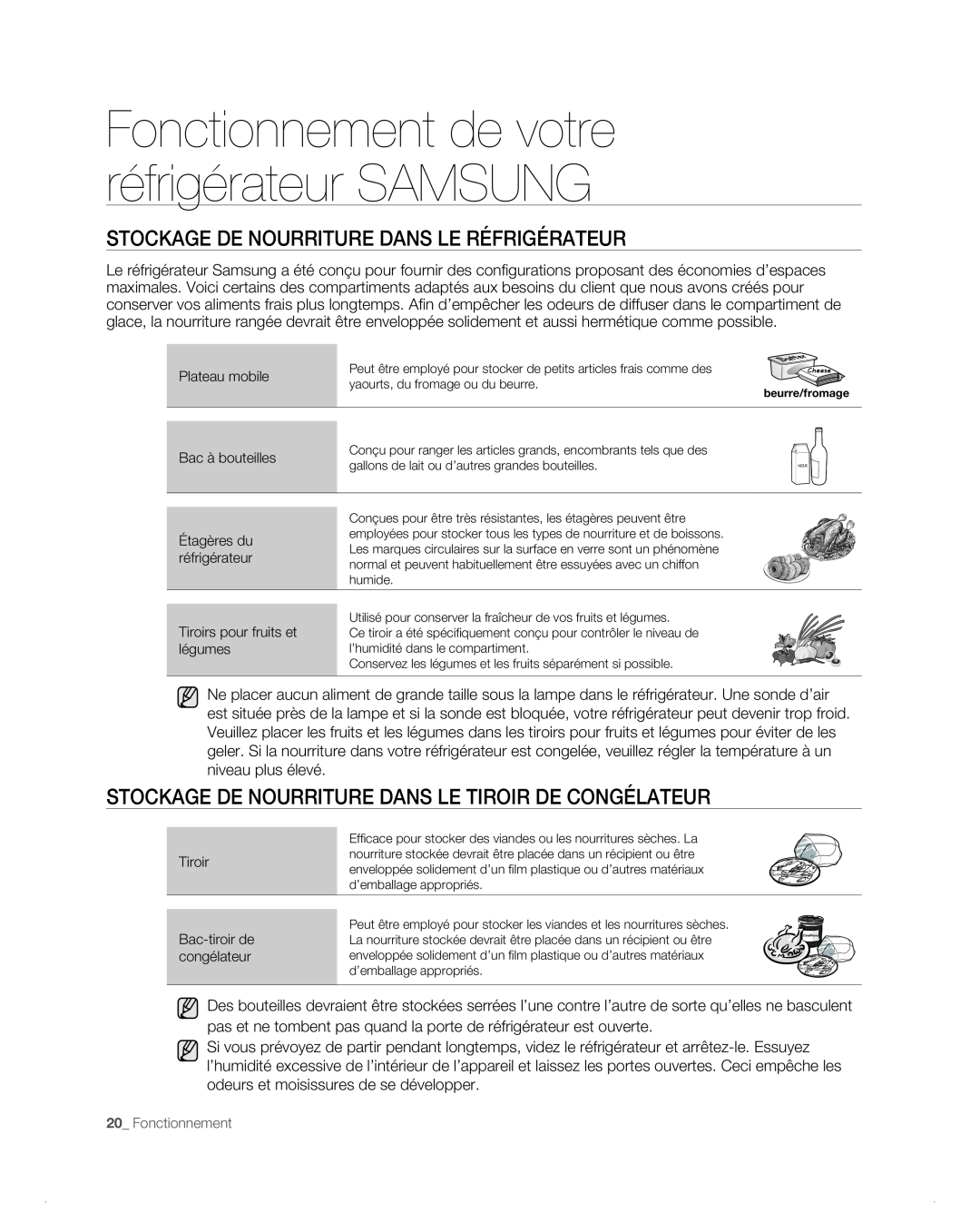 Samsung RB194AB manual Stockage De Nourriture Dans Le Réfrigérateur, Stockage De Nourriture Dans Le Tiroir De Congélateur 