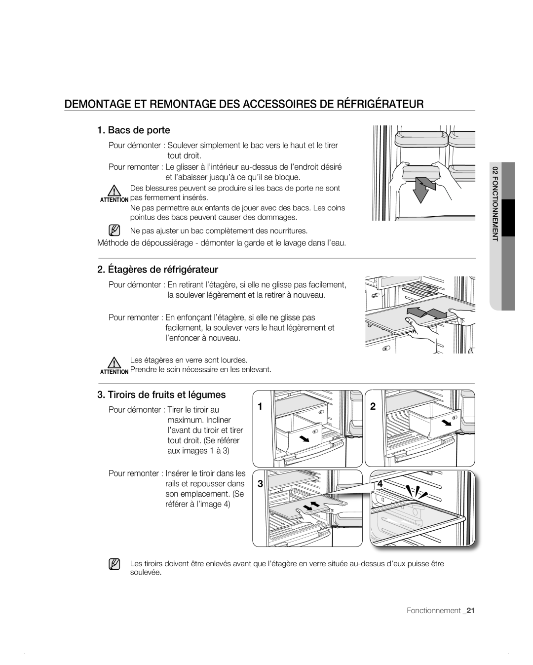 Samsung RB216AB manual Demontage Et Remontage Des Accessoires De Réfrigérateur, Bacs de porte, 2. Étagères de réfrigérateur 